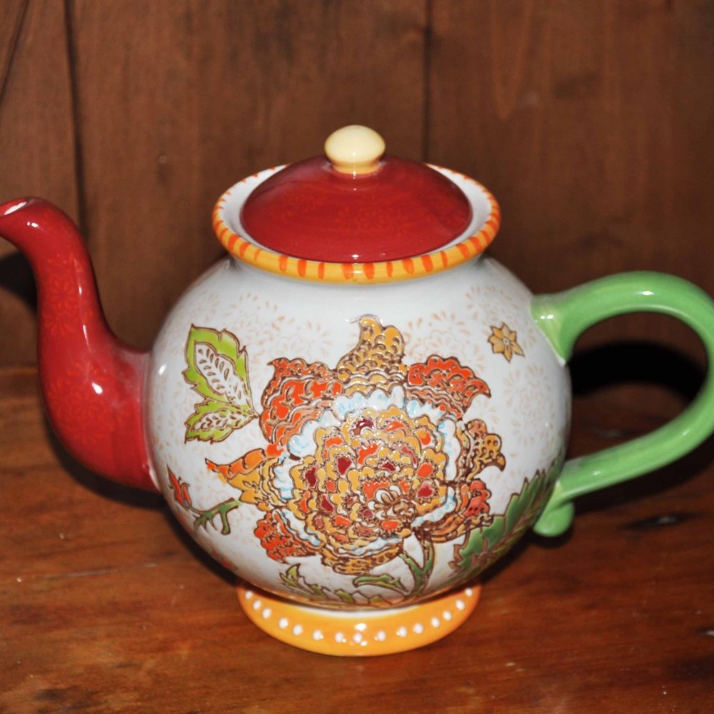 Vintage Artistic Accents Japanese Style Colorful Orange & Green Whimsical Teapot
